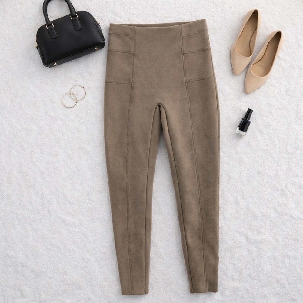 SPANX Beige High-Waisted Faux Suede Pull On Stylish Leggings. Ladies Large